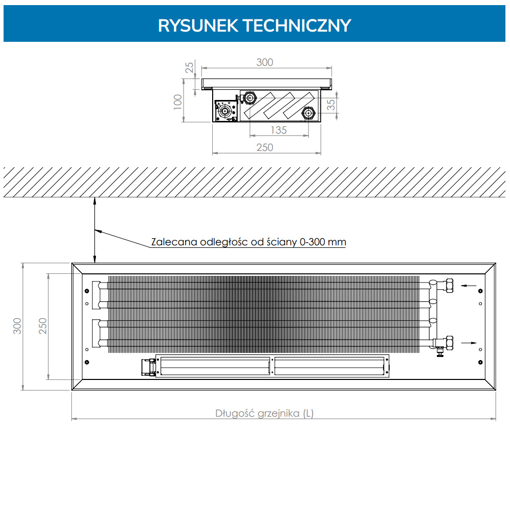 Grzejnik kanałowy Regulus Oktovent 100x250x1000mm - obrazek 2